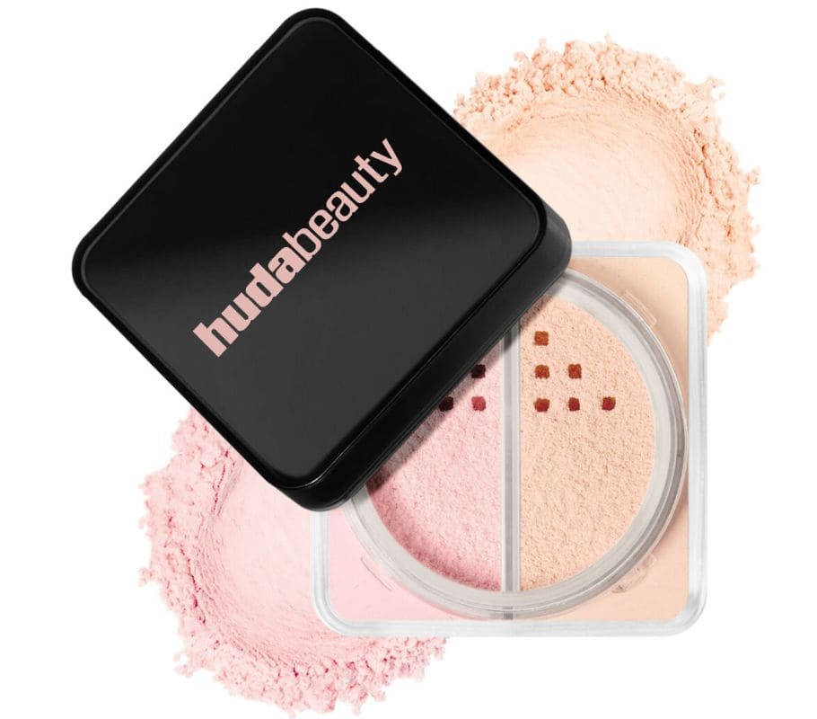 Packaging delle ciprie Duo Easy Bake di Huda Beauty con doppia polvere rosa e pesca